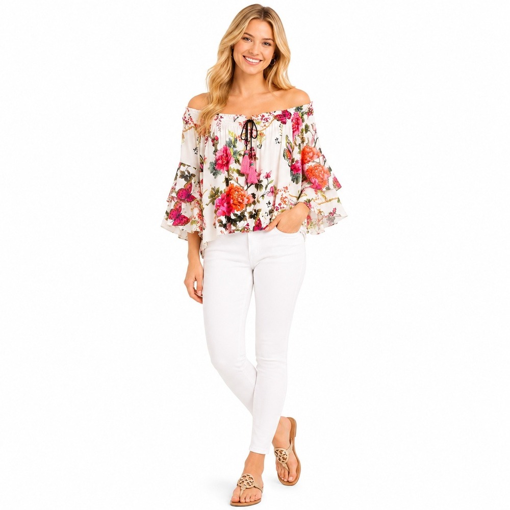 Hale Bob Women's Off The Shoulder Blouse Bell Sleeve White Pink Floral Tassels S
